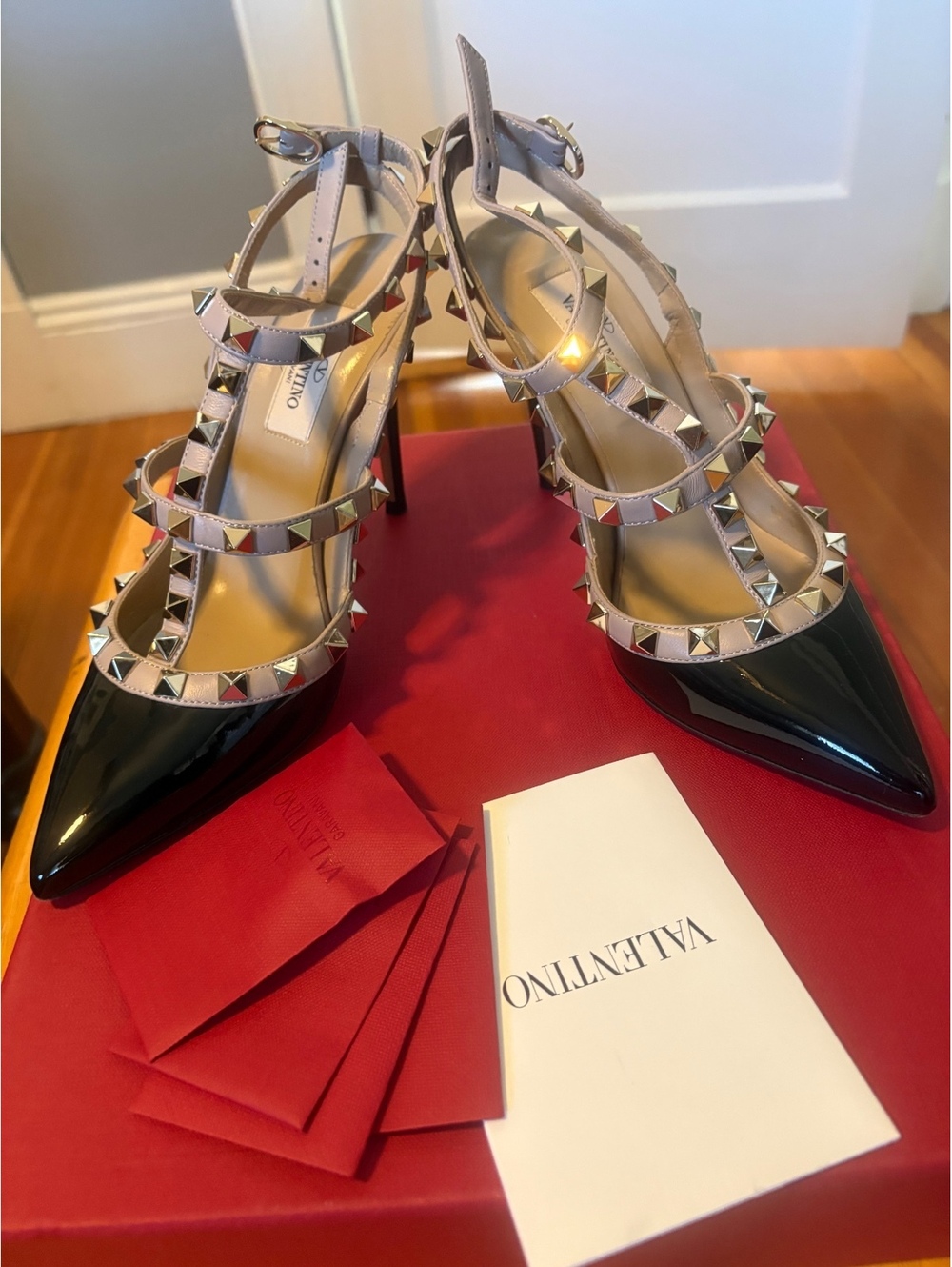Valentino Rockstud Ankle Strap Black Patent Leather High Heels Size 35.5